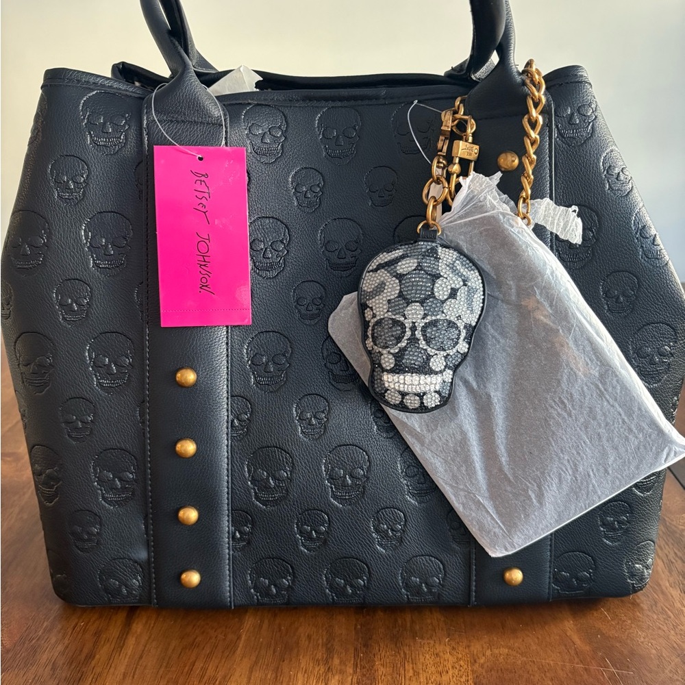 Betsey Johnson Black Skull Embossed Tote with Gold Accents